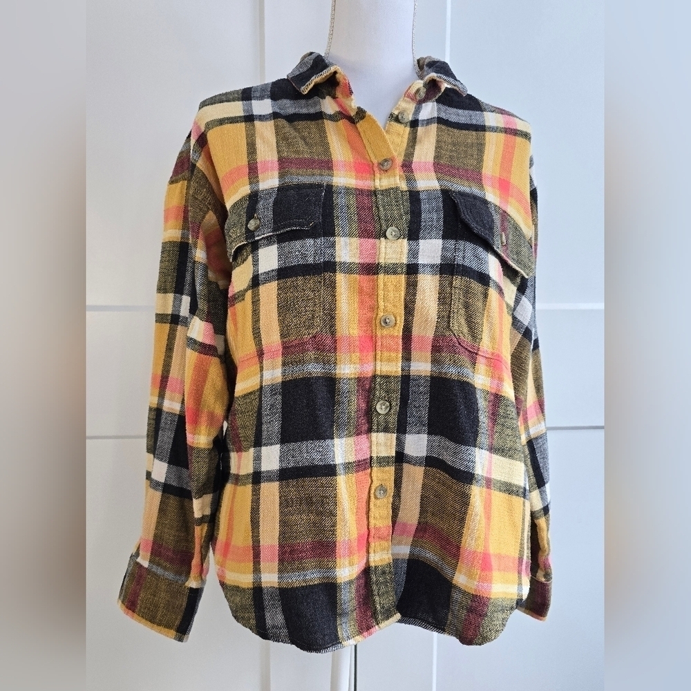 Americam Eagle Plaid Flannel Shirt - Yellow, Black, Orange